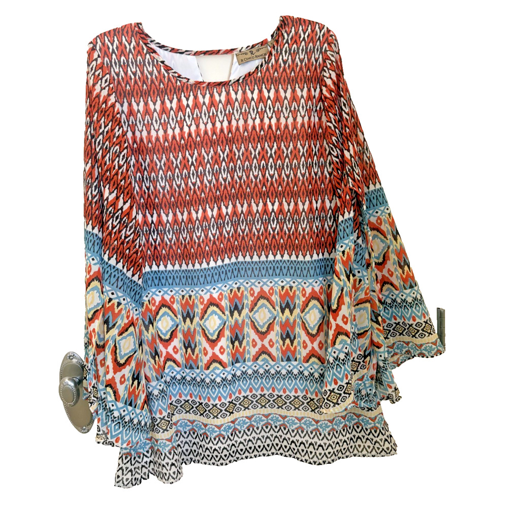 R Cinco Ranch Popover Tunic Womens Large Ikat Boho Western Artsy Abstract Aztec